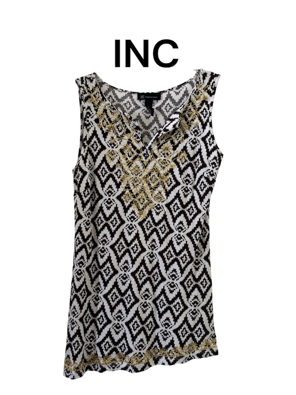 INC International Concepts Brown & White Printed Sleeveless Top with Gold Accent